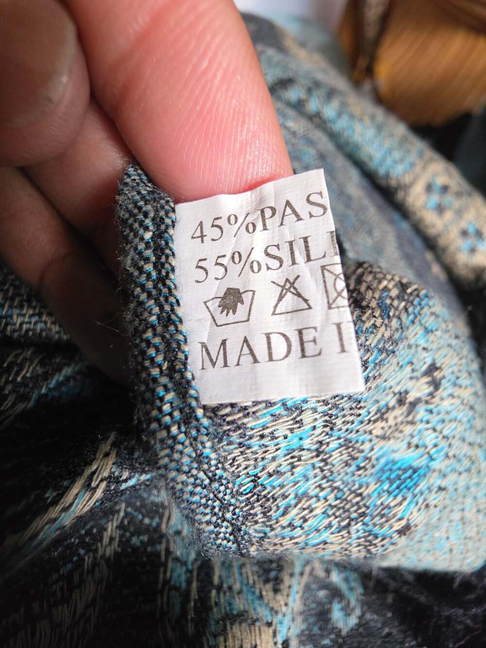 Navy, teal, and greige  Paisley Pashmina Silk Blend Shawl Scarf with Fringe